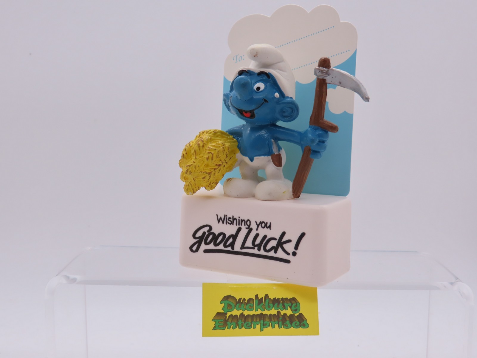 Viereck Spruchsockel  Bauer Schlumpf mit Sense  smurf podest base Schleich 177851